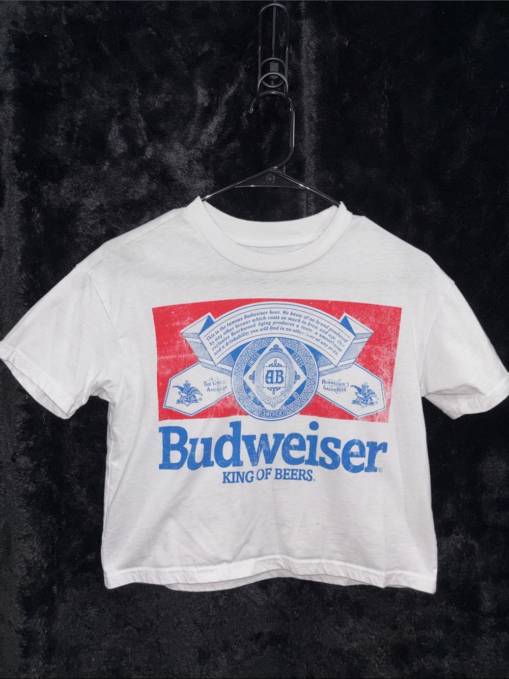 Y2K Budweiser White Baggy Crop-Top with Red Banner & Blue Logo